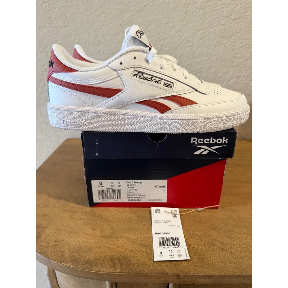 Reebok Club C Revenge Women Size 8 Tennis White Red Leather Low Top Sneakers